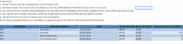 Tableau Excel pour les Heures de Présence des Employés