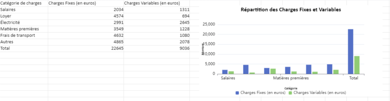 Tableau des charges fixes et variables Modèle Excel