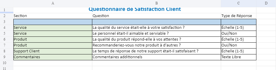 questionnaire de satisfaction Excel