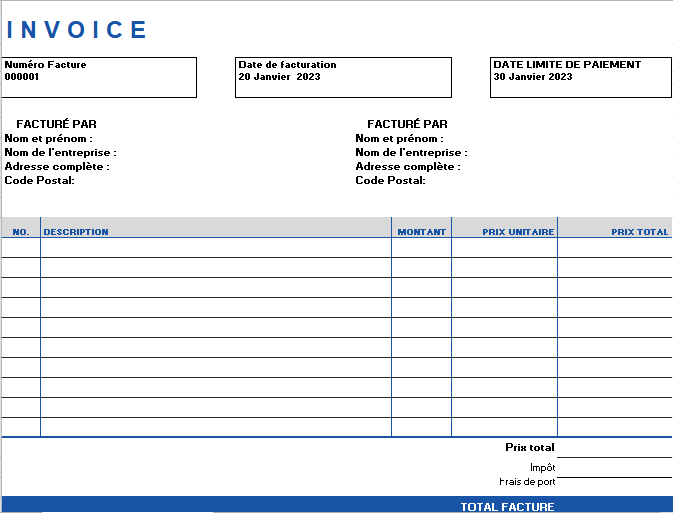 facture d'achat sur Excel