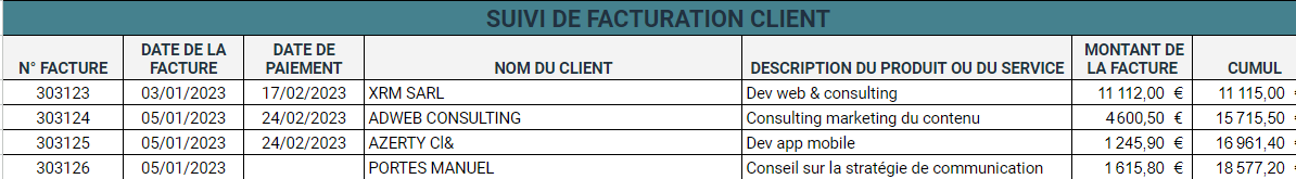 tableau de suivi de facturation client sous Excel
