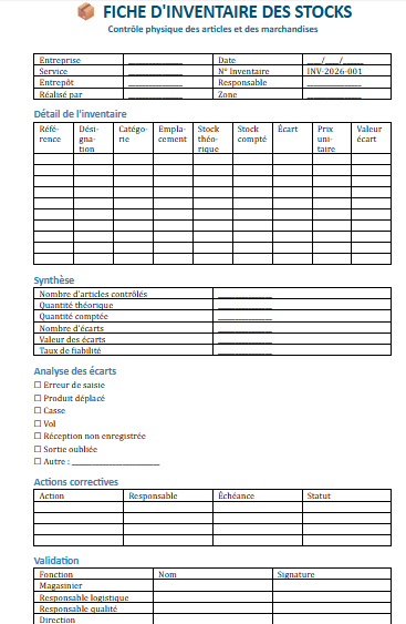   FICHE D'INVENTAIRE DES STOCKS
