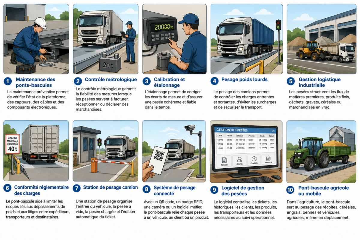 Infographie sur les applications industrielles des ponts-bascules : maintenance, pesage camion, contrôle des charges, logistique et gestion des pesées.