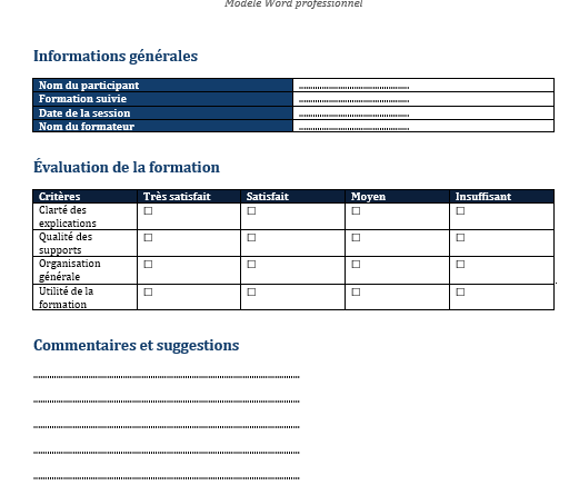 Fiche d'Évaluation de Formation sur Word : Modèle