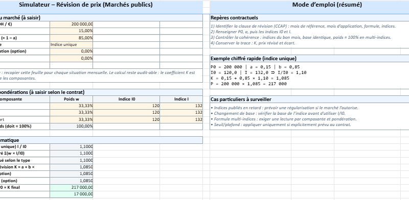 Simulateur de Calcul de Révision de Prix pour les Marchés Publics : Optimisez vos Chantiers avec Excel