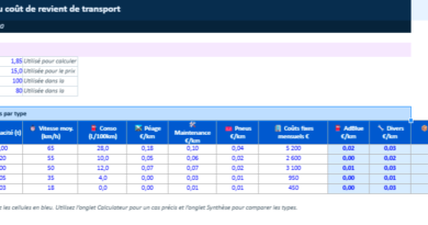 Tableau Excel de calcul du coût de revient de transport