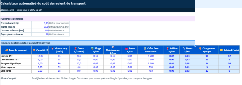 Tableau Excel de calcul du coût de revient de transport