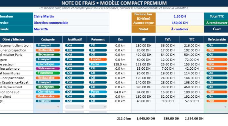 modèle de note de frais dans Excel.