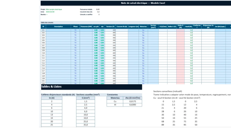 Note de Calcul Électrique avec Excel : Modèle