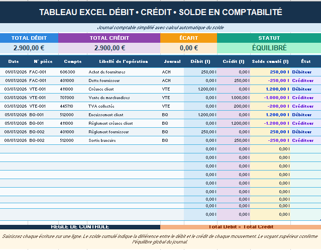 Tableau Excel Débit, Crédit et Solde en Comptabilité
