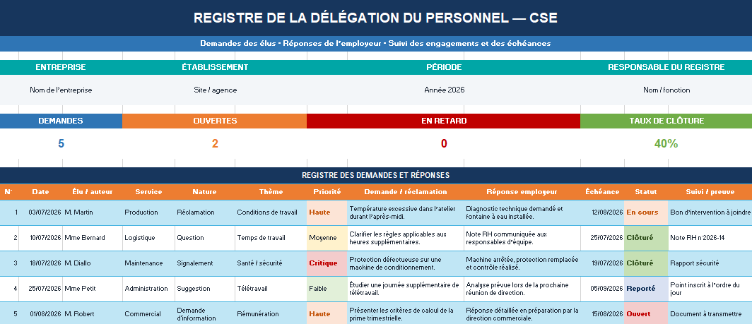 Modèle Excel du Registre de la Délégation du Personnel du CSE