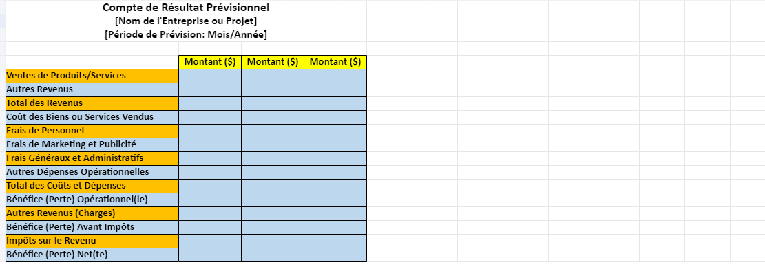 Compte de Résultat Prévisionnel : Modèle vierge à remplir