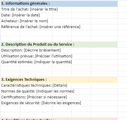 fiche de spécification d'achat