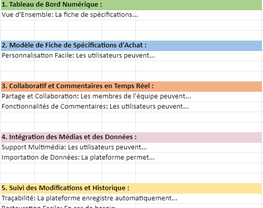 fiche de spécification d'achat Excel