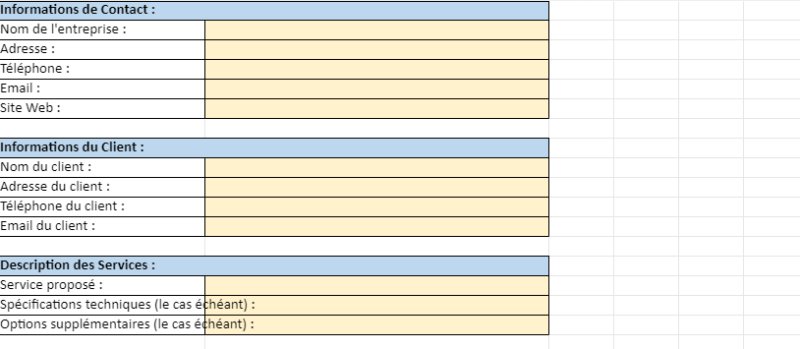 Modèle de devis prestation de service dans Excel
