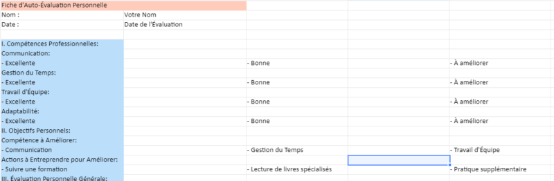 Modèle de Fiche d'Auto-Évaluation dans Excel
