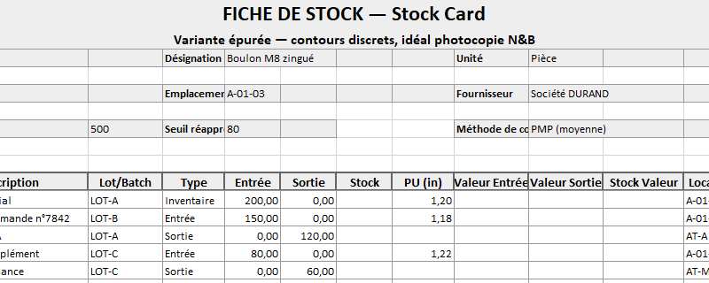 Fiche de Stock : Template Excel- Organisation et Gestion des Inventaires