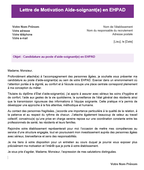 Lettre de Motivation pour un Poste d'Aide-Soignante en EHPAD : Allier Passion et Engagement