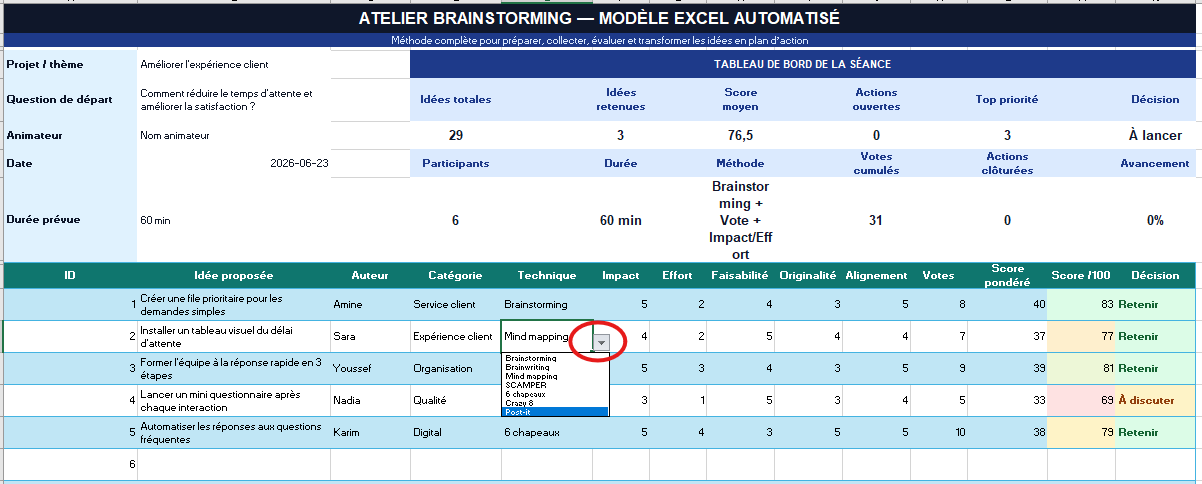 Modèle Excel atelier Brainstorming Automatisé
