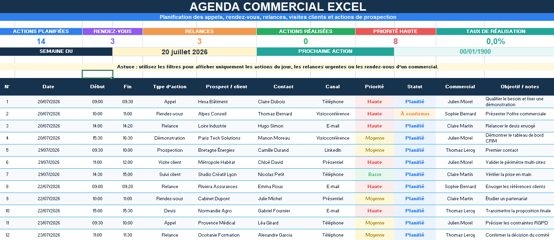 Agenda commercial Excel pour planifier les appels, rendez-vous et relances