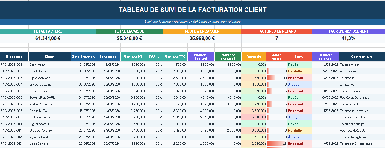 Tableau de Suivi de la Facturation Client dans Excel
