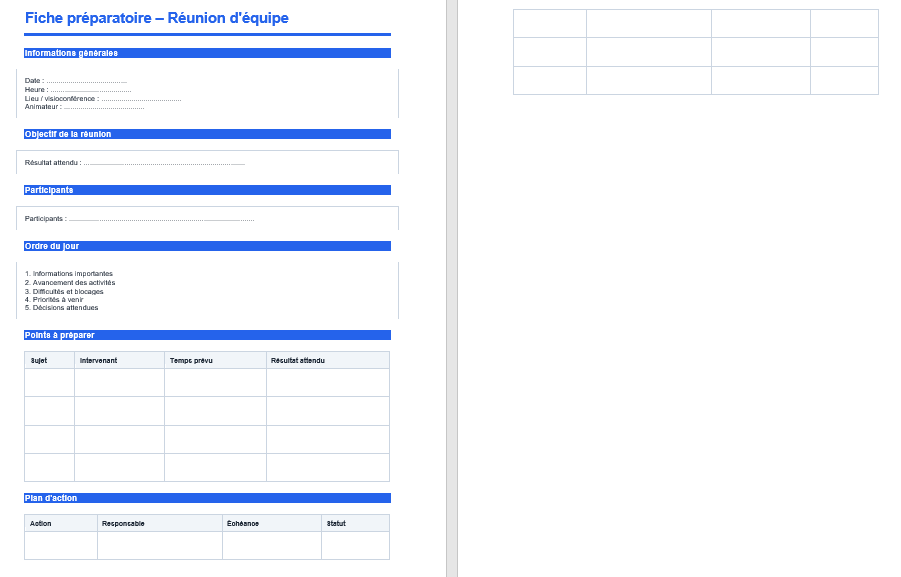 Fiche de préparation de réunion d'équipe