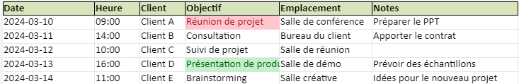 planning rendez-vous dans Excel