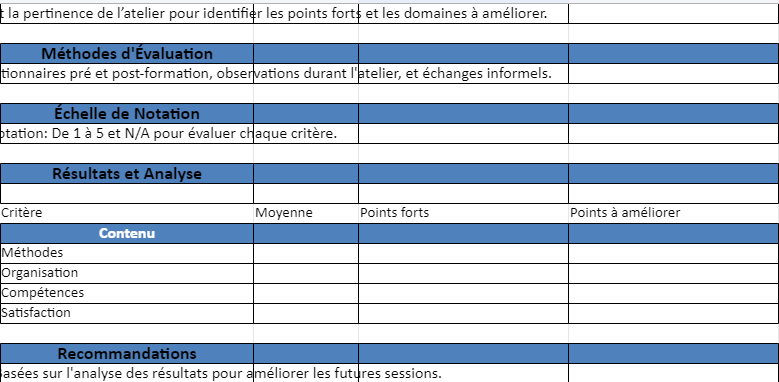 Fiche évaluation d'activité Excel
