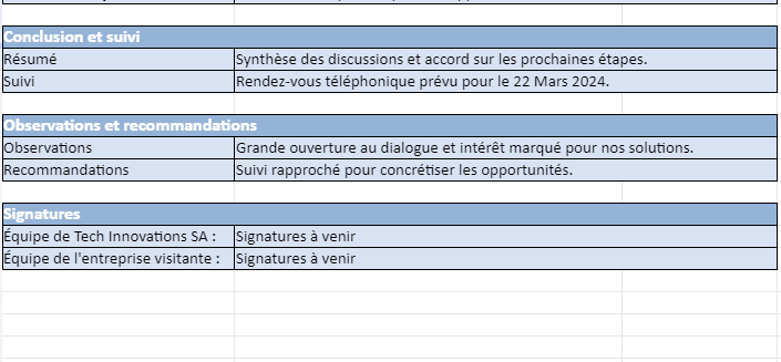 Compte rendu de visite commerciale : Modèle Excel