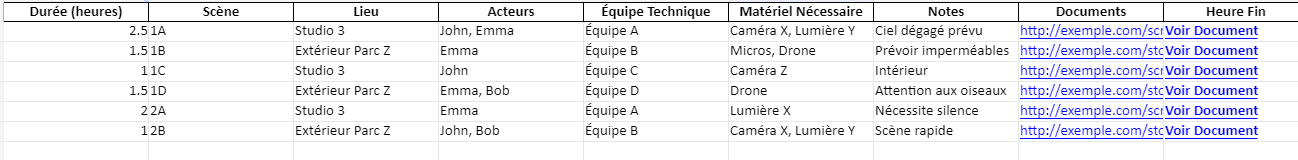 Tableau de Planning de Tournage pour Projet Cinématographique