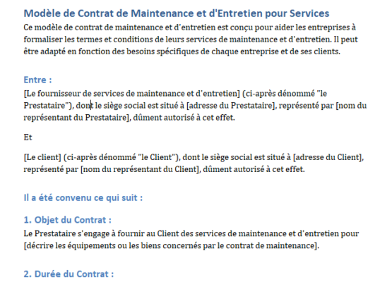 Modèle de Contrat de Maintenance et d'Entretien à Télécharger
