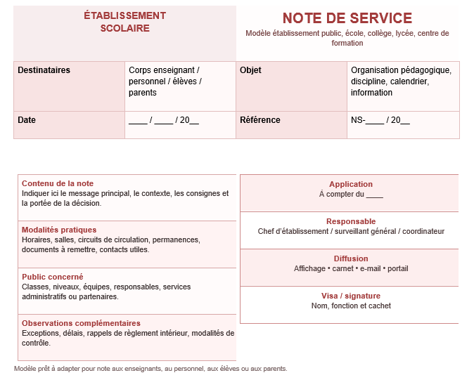 Exemple de Note de Service établissement scolaire dans Word