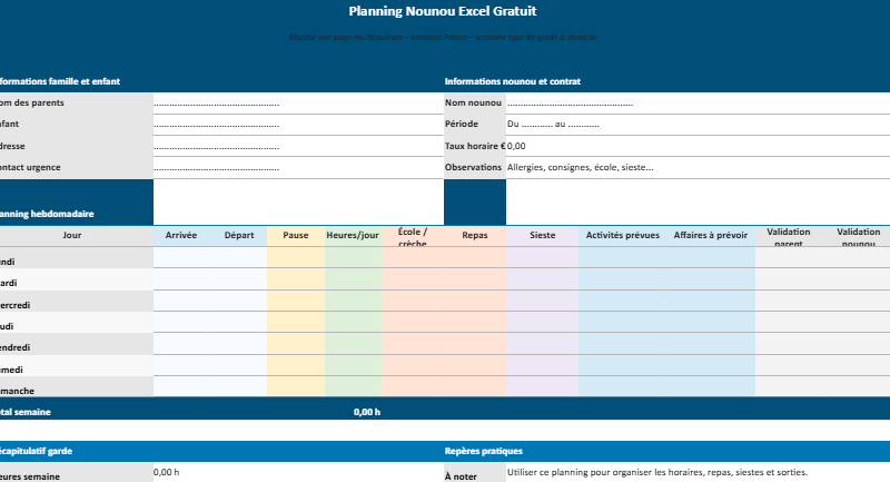 Planning Nounou Excel gratuit : création et modèle téléchargeable