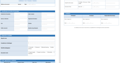 ### **Modèle de fiche de formation professionnelle – suivi structuré et évaluation** Ce modèle propose une structure claire et directement exploitable pour organiser, suivre et formaliser une action de formation, avec une lecture fluide et professionnelle dès l’ouverture du document. #### **Points clés du modèle :** * **En-tête professionnel** : identification rapide de la formation (intitulé, dates, organisme, responsable) * **Bloc participant** : informations essentielles sur le salarié ou le stagiaire * **Objectifs pédagogiques** : formulation précise des compétences visées * **Contenu de la formation** : synthèse structurée des modules ou thèmes abordés * **Modalités pratiques** : durée, lieu, format (présentiel/distanciel), moyens utilisés * **Suivi et observations** : espace dédié pour noter le déroulement et les points marquants * **Évaluation des acquis** : mesure concrète des compétences développées * **Validation finale** : signatures, appréciation globale et décision (validé / à compléter) Un support fiable pour structurer la formation, faciliter le suivi RH et garder une trace claire des compétences développées.