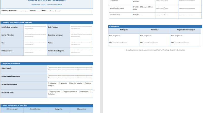 ### **Modèle de fiche de formation professionnelle – suivi structuré et évaluation** Ce modèle propose une structure claire et directement exploitable pour organiser, suivre et formaliser une action de formation, avec une lecture fluide et professionnelle dès l’ouverture du document. #### **Points clés du modèle :** * **En-tête professionnel** : identification rapide de la formation (intitulé, dates, organisme, responsable) * **Bloc participant** : informations essentielles sur le salarié ou le stagiaire * **Objectifs pédagogiques** : formulation précise des compétences visées * **Contenu de la formation** : synthèse structurée des modules ou thèmes abordés * **Modalités pratiques** : durée, lieu, format (présentiel/distanciel), moyens utilisés * **Suivi et observations** : espace dédié pour noter le déroulement et les points marquants * **Évaluation des acquis** : mesure concrète des compétences développées * **Validation finale** : signatures, appréciation globale et décision (validé / à compléter) Un support fiable pour structurer la formation, faciliter le suivi RH et garder une trace claire des compétences développées.