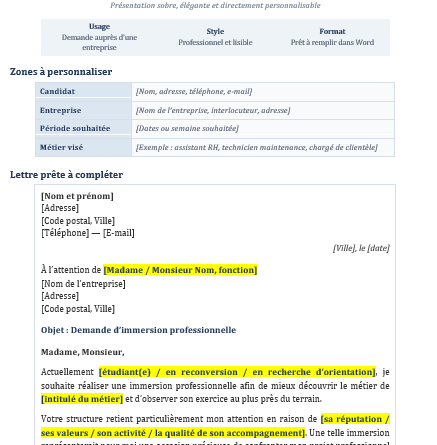 Modèle de Lettre de Demande d'Immersion Professionnelle Word