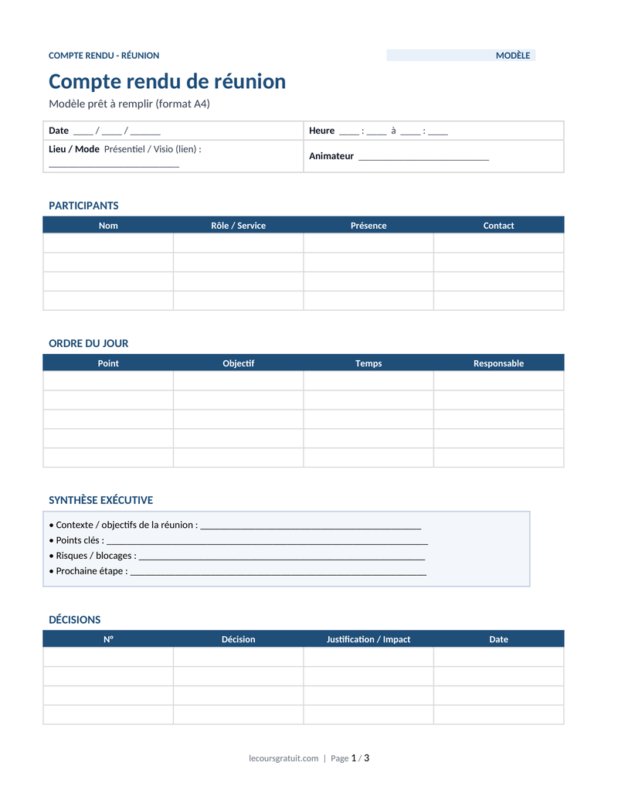 Template de Compte Rendu de Réunion Excel + Word