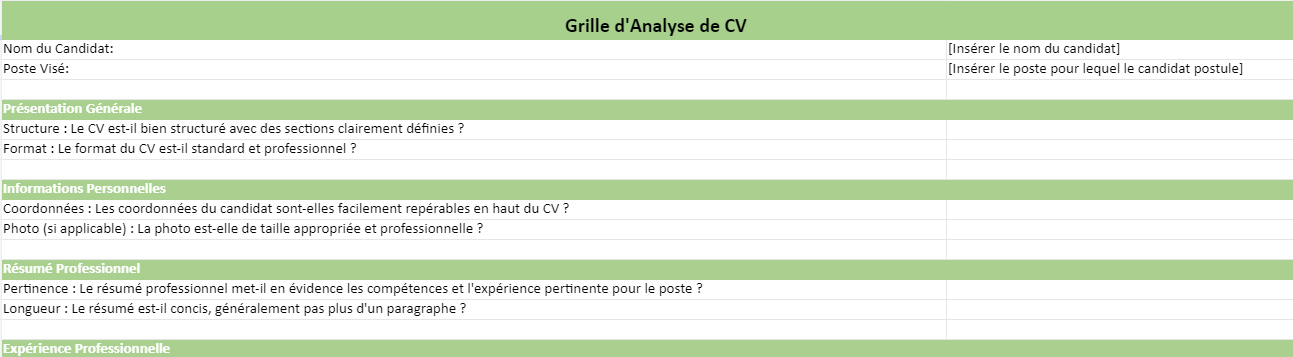 Grille Analyse d'un CV : Modèle dans Excel 