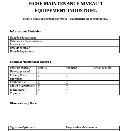 Fiche Maintenance Niveau 1 : Modèle Téléchargeable
