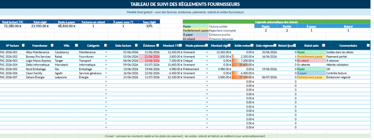Tableau Excel de suivi des règlements fournisseurs gratuit