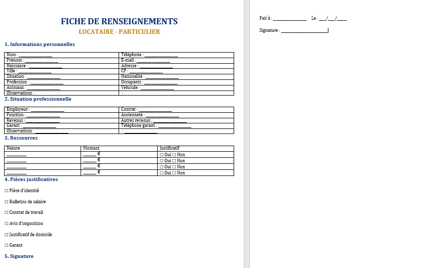 Modèle Word de fiche de renseignement pour les locataires particuliers
