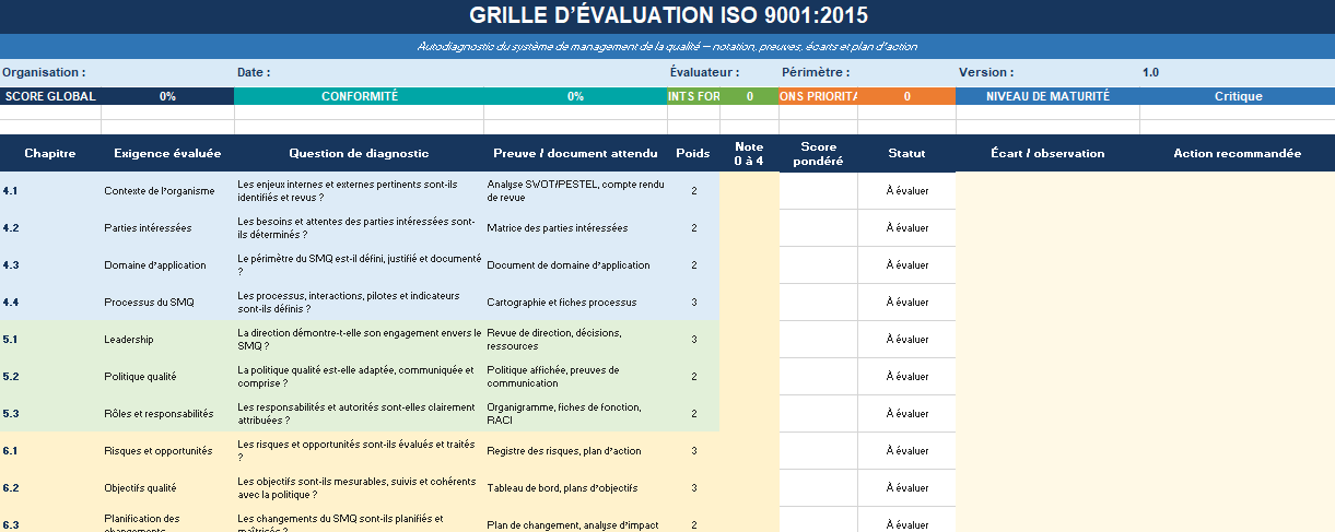 Grille d’évaluation ISO 9001:2015 sur Excel
