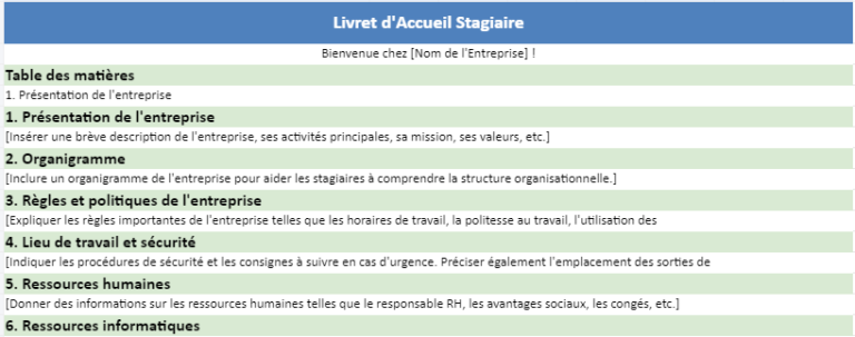 Livret d'accueil stagiaire en entreprise : Modèle Vierge