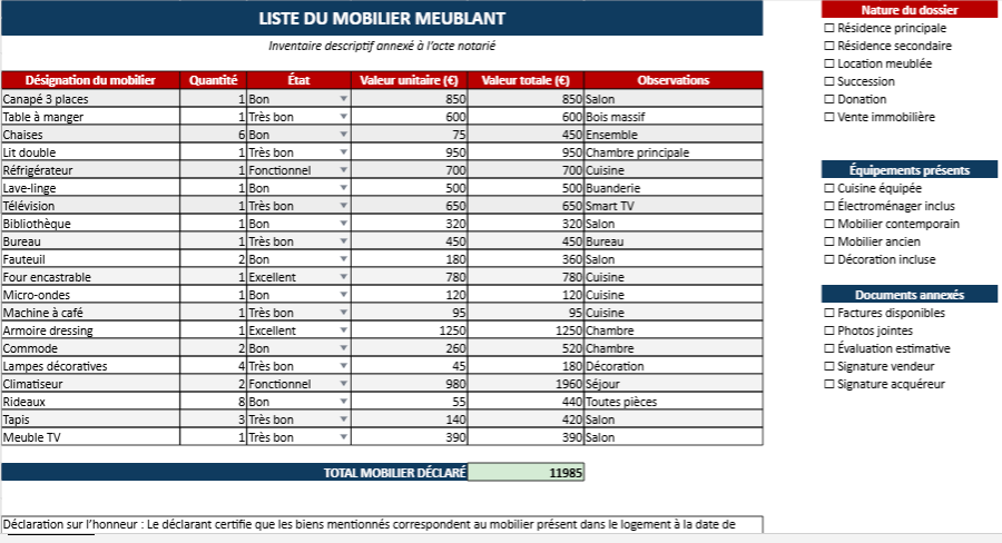 Liste du Mobilier chez le Notaire - Modèle Excel