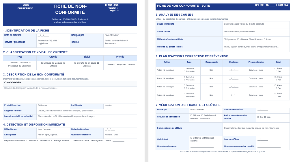 Fiche de non-conformité ISO 9001:2015 à télécharger sur Word
