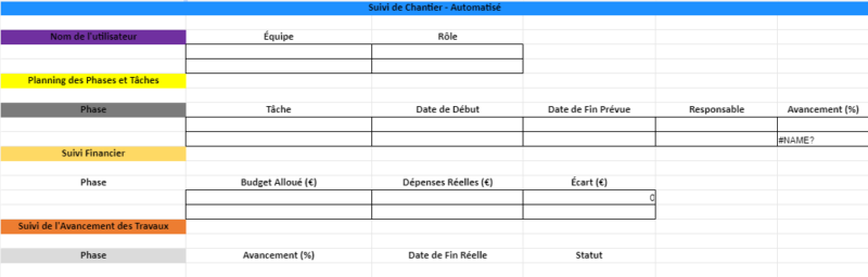 Tableau Excel de Suivi de Chantier Gratuit - Calculs Clés