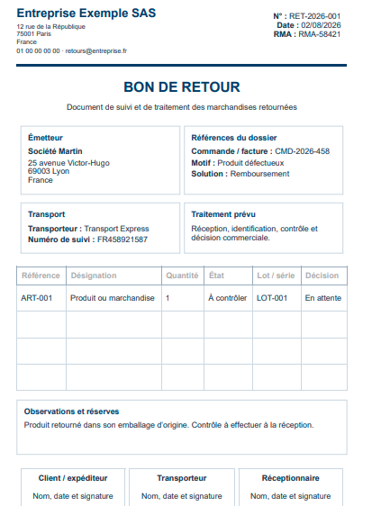 Modèle Bon de Retour à Imprimer