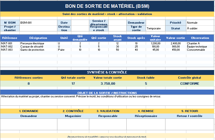 Modèle Excel de Bon de Retour de Matériel (BRM)