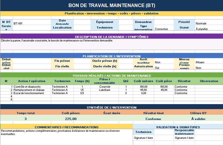 Modèle Excel de Bon de Travail Maintenance
