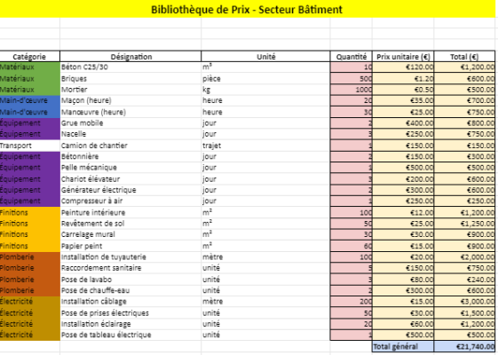 Modèle Bibliothèque de Prix pour le Bâtiment avec Excel